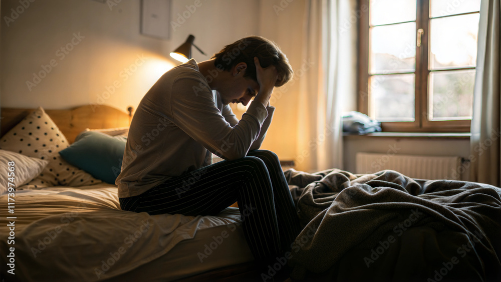 Man sitting on bed in dimly lit room holding head in hands feeling stressed and anxious