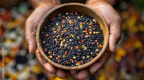 Hands holding a wooden bowl of mixed lentils.