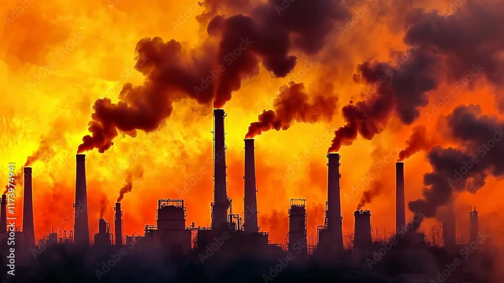 Against a dramatic sunset, towering factory smokestacks release dark smoke into a fiery sky. This striking scene captures the impact of industrial pollution on the environment, evoking a sense of Against a dramatic sunset, towering factory smokestacks release dark smoke into a fiery sky. This striking scene captures the impact of industrial pollution on the environment, evoking a sense of