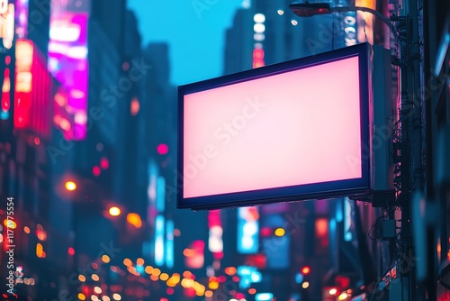 Neon-lit cityscape with an empty billboard, vibrant lights illum photo