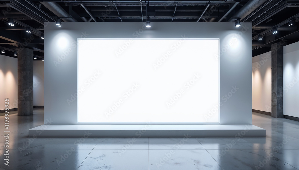 Large digital banner mockup in an exhibition space with empty display area and gallery lighting Large digital banner mockup in an exhibition space with empty display area and gallery lighting