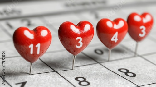 Heart-shaped pins mark special dates on a calendar. Perfect for tracking anniversaries, birthdays, or other important events in a personal calendar app. photo