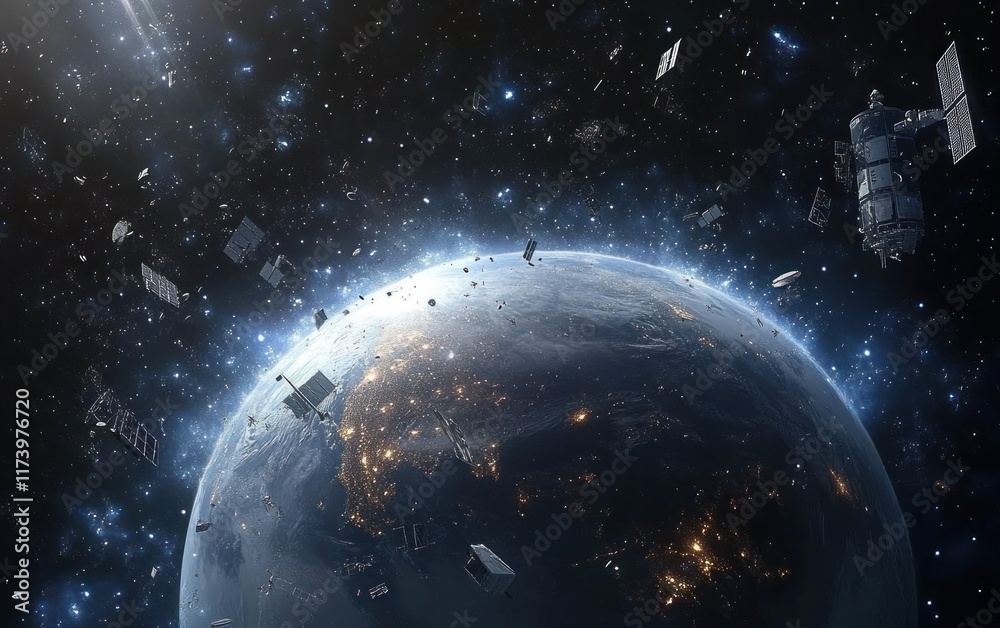 Obraz premium Futuristic Earth Surrounded by Satellite Debris and Space Junk in Serene Digital Art