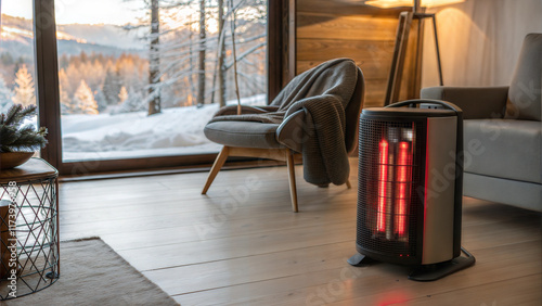 Portable space heater providing warmth in modern living room with wooden floor and scenic window view photo