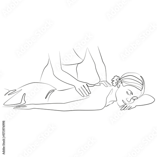 Massage minimalist line drawing. Vector illustration for a spa salon. The master massages the back of the girl. One line minimal art of Massage.