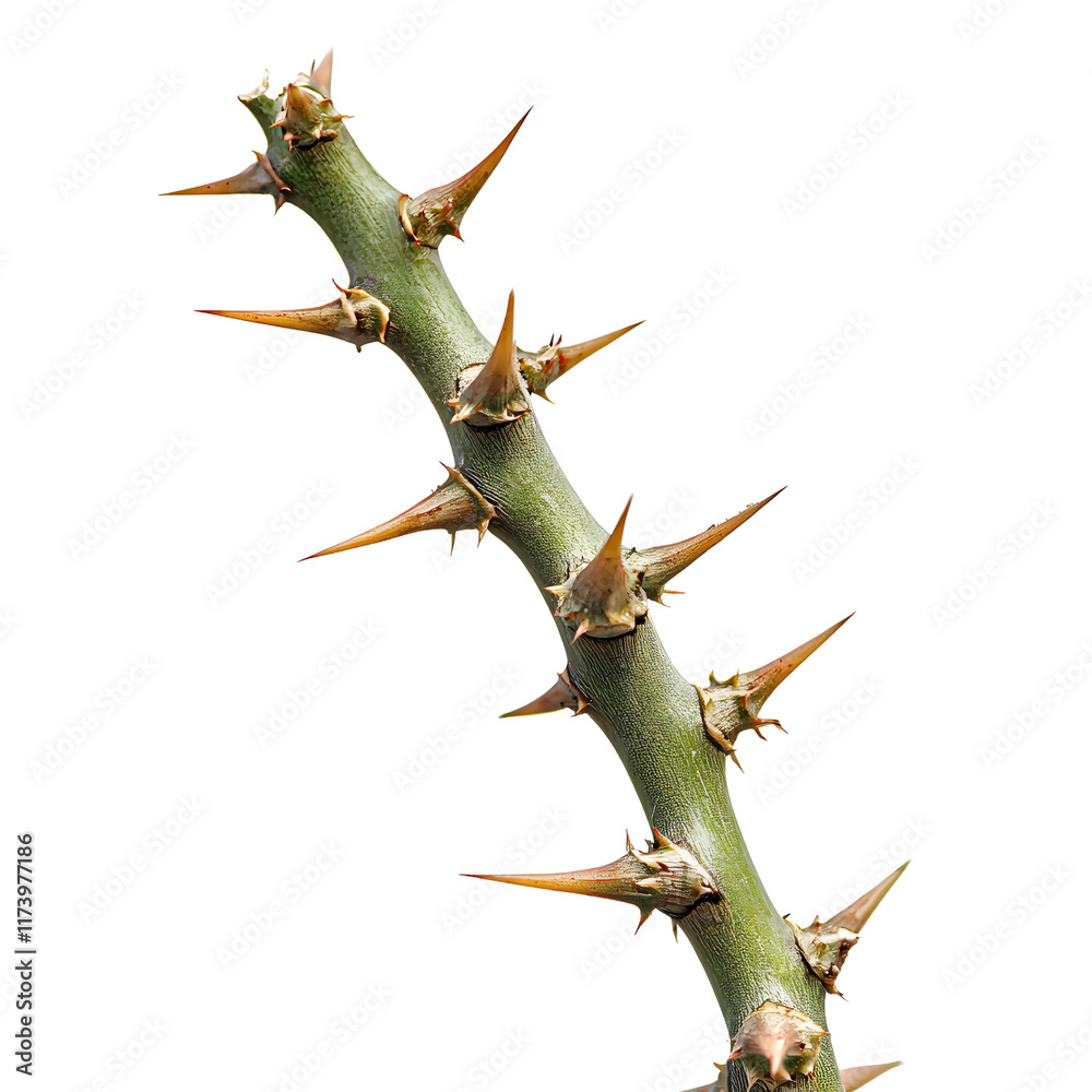 Obraz premium Intricate Arrangement of Sharp Spikes on a Branch Surrounded by Lush Green Foliage Creating a Unique and Striking Visual Element in Nature