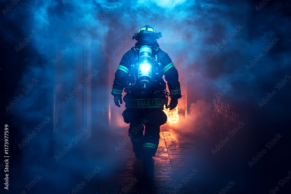 Firefighter advancing through smoky hallway with glowing oxygen tank Firefighter advancing through smoky hallway with glowing oxygen tank