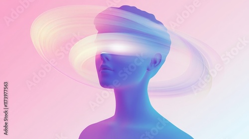 Futuristic woman experiencing virtual reality with glowing eyes and swirling light trails