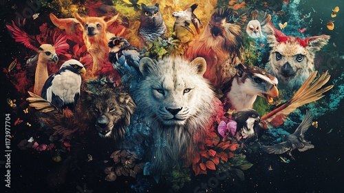 Majestic wildlife collage with vibrant colors. photo