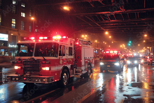 Fire truck speeding through urban intersection in emergency response