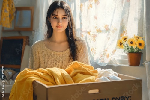 Young Woman Folding Yellow Clothes in Cozy Indoor Scene with Natural Lighting in Impressionist Style photo