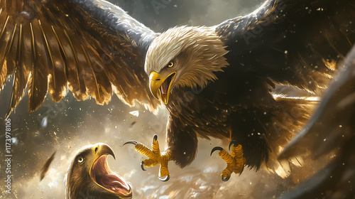 A close-up of an eagle attacking its prey with talons extended. Skybound. Illustration