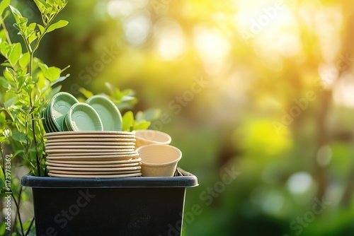 Stacked eco-friendly pots in sunlight, surrounded by vibrant gre photo