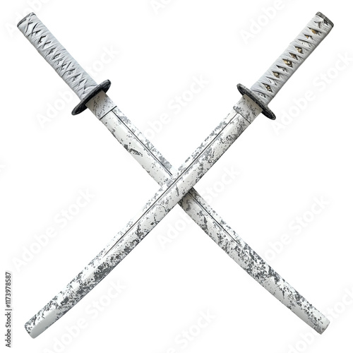 two whitegray katana swords in a X shape isolated on a white background photo