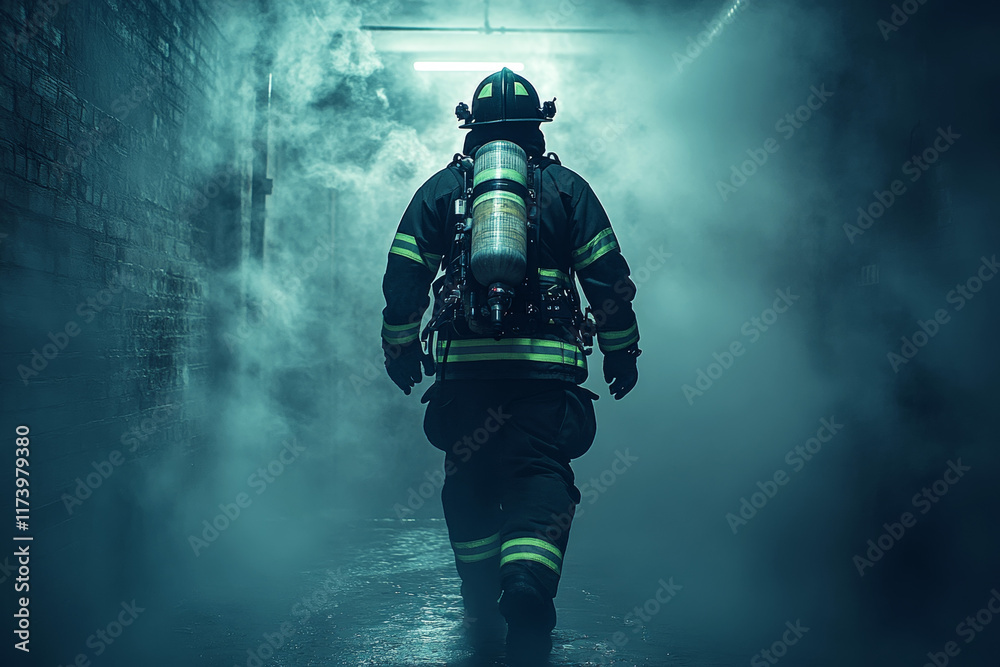 Naklejka premium Firefighter walking through smoky hallway in protective gear