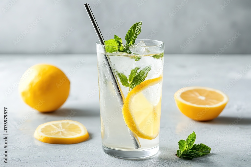 Fototapeta premium Refreshing beverage with lemon slices and mint leaves, perfect f