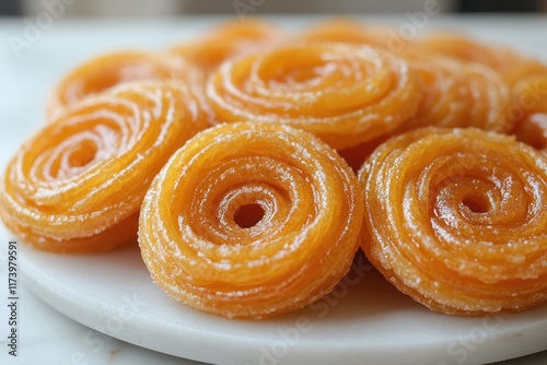 Golden, crispy Jalebi spirals, a popular Indian sweet treat, deep-fried and syrup-soaked. photo