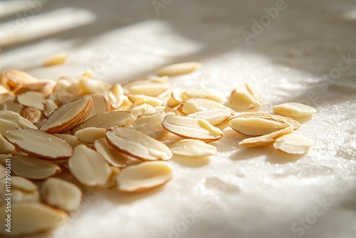 Sliced almonds scattered on a white surface, illuminated by sunlight. photo