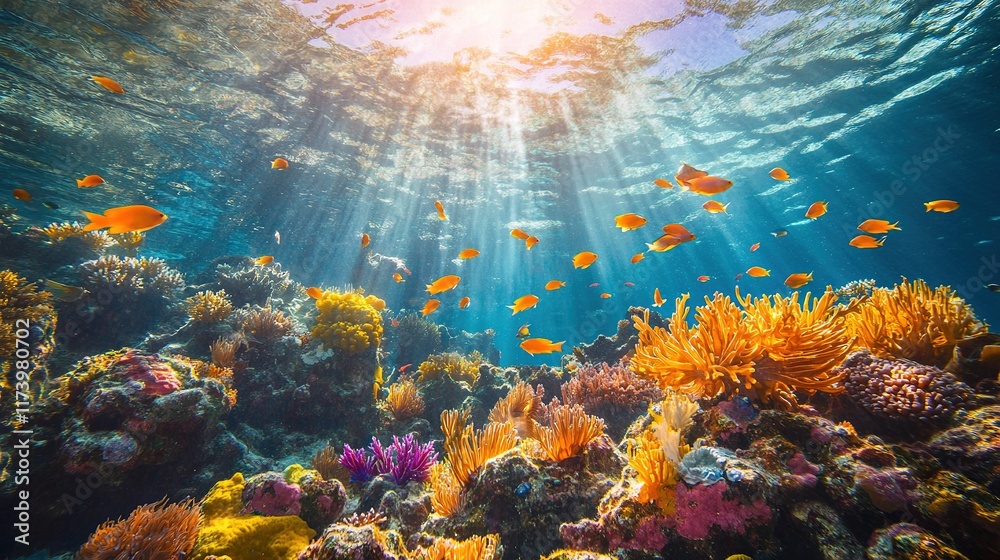 Obraz premium Vibrant underwater scene showcasing colorful corals and swimming