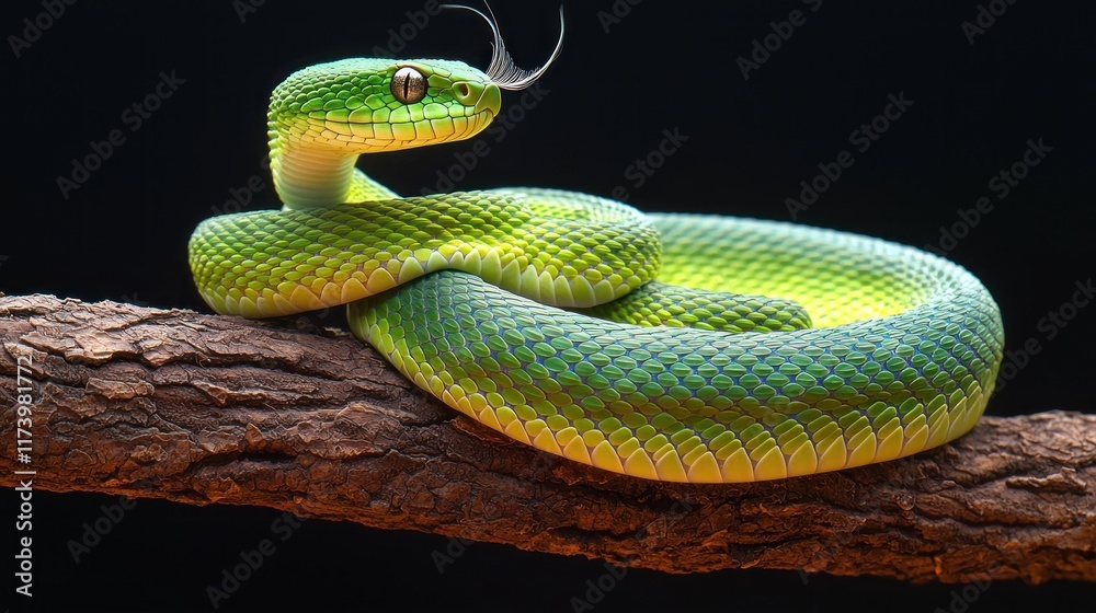 A vibrant green snake resting on a branch in a dark setting. A vibrant green snake resting on a branch in a dark setting.
