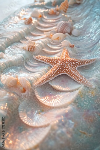 Delicate seashells and starfish create serene coastal scene with photo