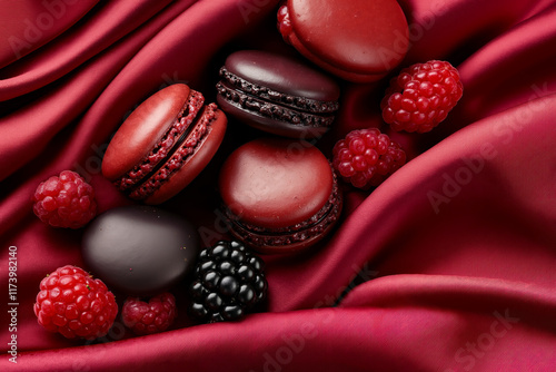 A bunch of macarons and berries on a red cloth photo