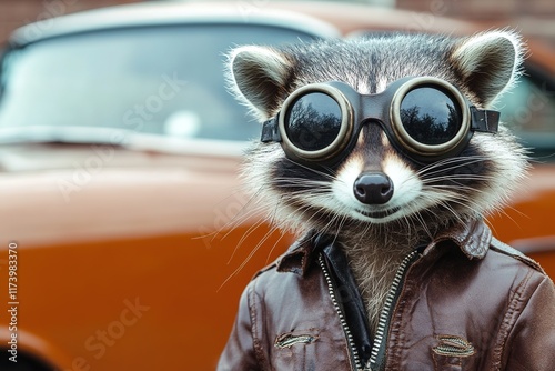 Stylish raccoon in aviator goggles stands confidently beside cla photo