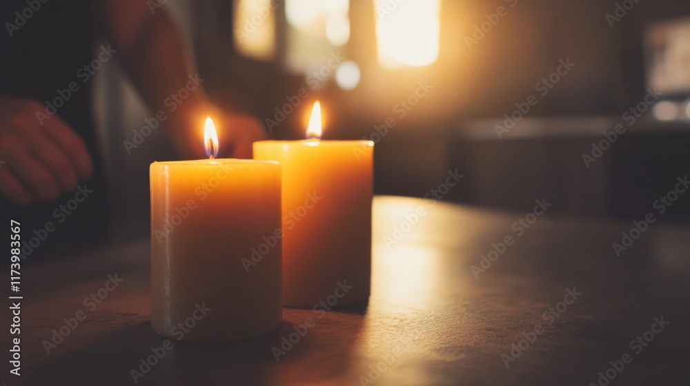 Warm Glow of Candles Illuminating a Cozy Indoor Setting with a Soft Light Emitting from Two Wax Candles on a Table Creating a Serene Atmosphere