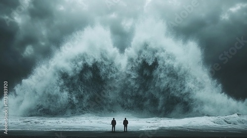 Two figures face a colossal, ominous wave during a fierce storm.
