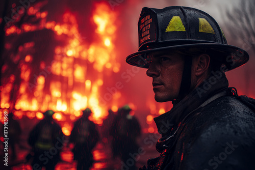 Close-up of a firefighter?s determined face illuminated by blazing flames photo