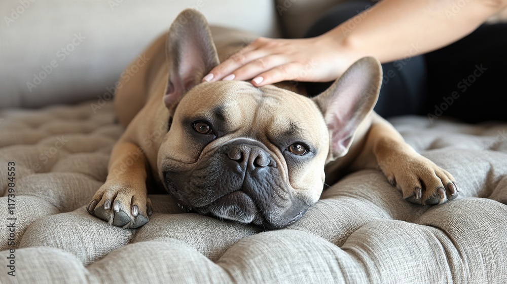 French bulldog lying on tufted sofa with owner gently petting its head French bulldog lying on tufted sofa with owner gently petting its head