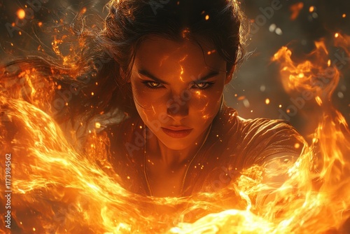 Dynamic Sorceress Casting Fire Spell in Anime Style with Fiery Energy and Fierce Expression