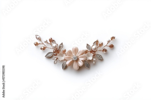 A flower shaped piece of jewelry with a gold and white design. The flower is made of pearls and crystals