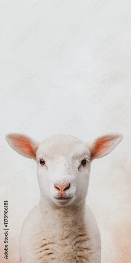 Fototapeta premium A white sheep is staring at the camera. The sheep is the main focus of the image, and it is curious or alert. The background is white, which contrasts with the sheep's white fur