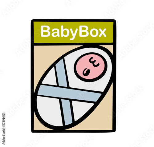 Newborn was placed in a baby box. Little boy or girl is sleeping and smiling. Vector illustration of   way to save small children in  hospital. Parents refused. Isolated cartoon character.