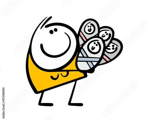 Happy mother with many children holds four babies in her arms and smiles. Vector illustration of a woman being discharged from a maternity hospital. Isolated cartoon character on white background.