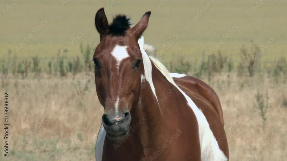 Brown Horse with White Spots Looking at Camera in La Pampa, Argentina Brown Horse with White Spots Looking at Camera in La Pampa, Argentina