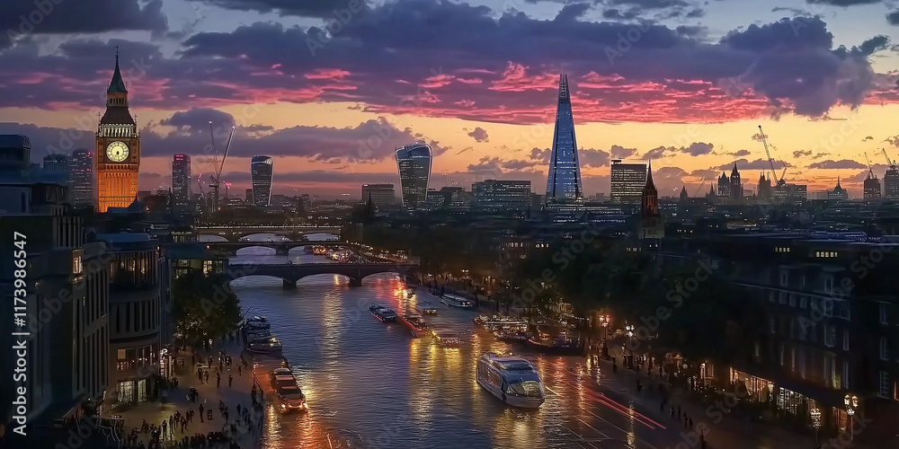 Naklejka premium Twilight view of London featuring Big Ben the Shard and River Thames with illuminated boats