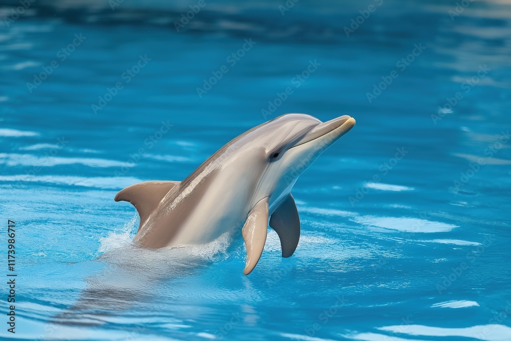 Obraz premium A dolphin is jumping out of the water. The water is blue and the dolphin is white
