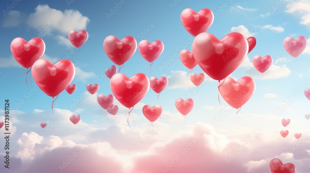 Many heart balloons in the blue sky. Many heart balloons in the blue sky.
