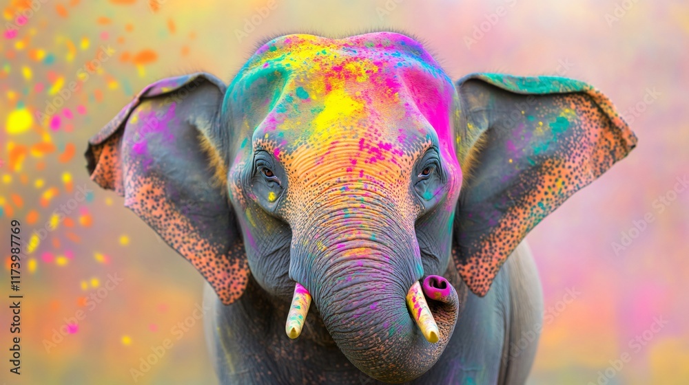 Obraz premium A multicolored elephant is surrounded by the colors of the Holi festival. The elephant seems to be enjoying the flowers and is in a playful mood.