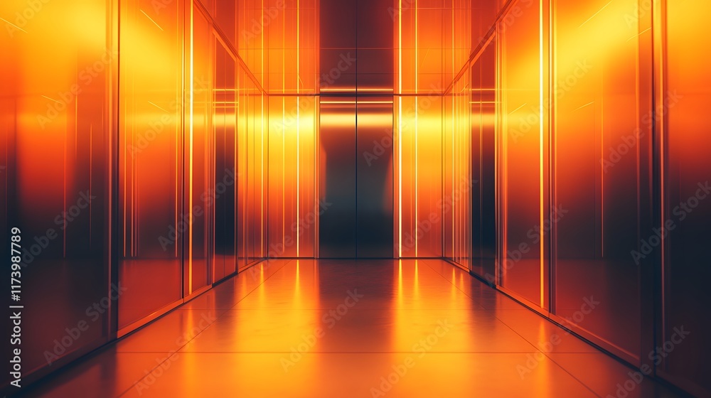Naklejka premium Futuristic virtual showroom with modern glass architecture and glowing panels exudes luxury and innovation, ideal for real estate ads or interior designs highlighting modernity and cutting-edge style.