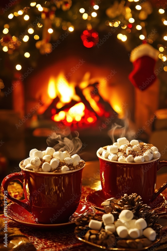 Naklejka premium Cozy winter evening with hot cocoa and a warm fireplace in a festive living room