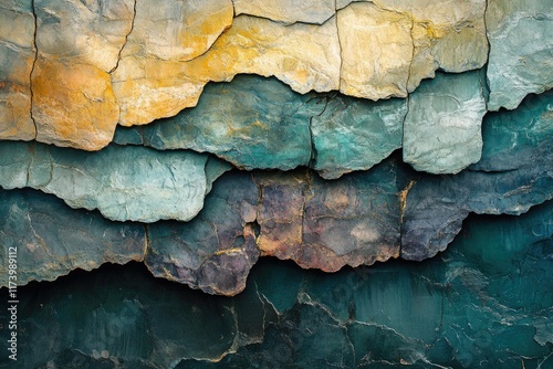 Layered rock formation showcasing a spectrum of earthy tones, from deep teal to golden hues, creating an abstract, natural art piece. photo