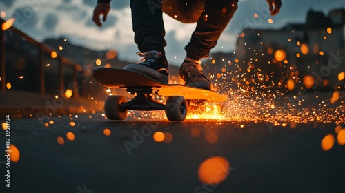 Skateboarder grinding sparks at sunset. photo