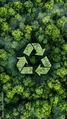Lush green forest stretching out beneath an aerial view, featuring a recycling symbol that emphasizes sustainable waste management and highlights the importance of environmental protection