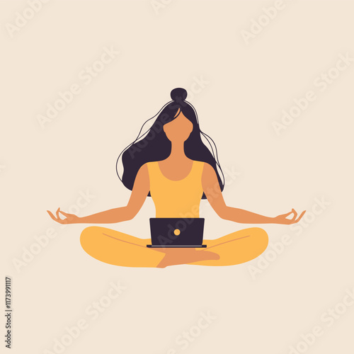 Flat Illustration of girl using laptop in her lap, exercise, fitness, yoga