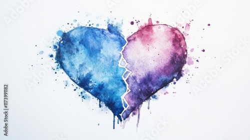 Watercolor painting of broken heart symbolizing lost love and sadness