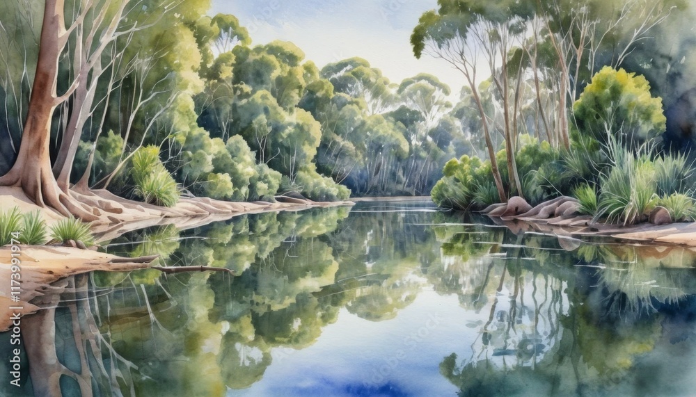 Watercolor illustration capturing the tranquility of Australian wildlife along a serene riverbank in a lush forest Watercolor illustration capturing the tranquility of Australian wildlife along a serene riverbank in a lush forest