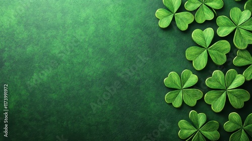 Shamrock leaves pattern on green textured background. St. Patrick’s Day with copy space photo